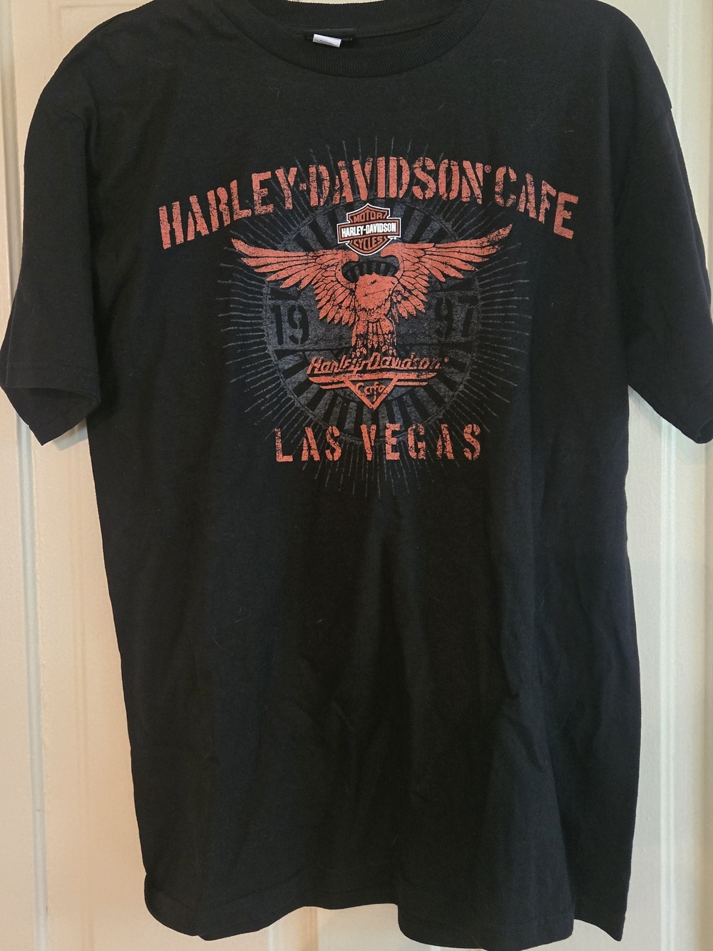 Vintage 1997 Harley-Davidson Black Short Sleeve Tee w Orange Las Vegas Graphic